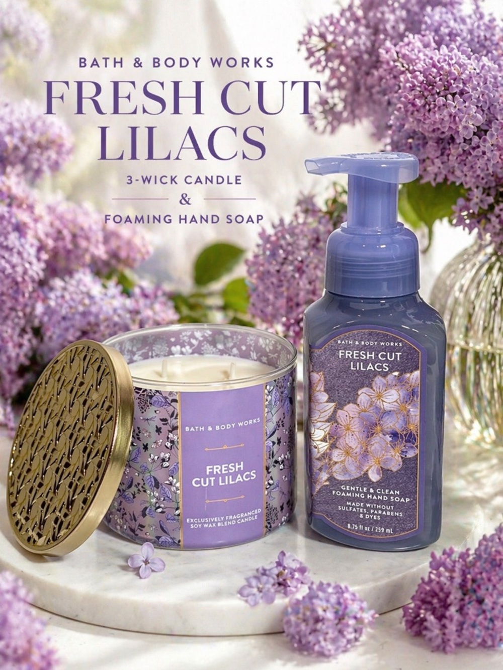 Bath & Body Works Fresh Cut Lilacs Bundle Candle + Foaming Soap NWT - Picture 2 of 9